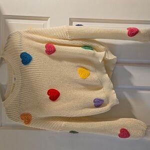 Colorful Heart Patterned Cream Sweater